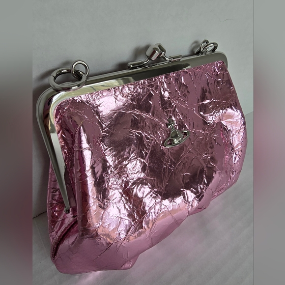 Vivienne Westwood Light Pink Metallic Crinkle Calf Skin Granny  Purse Kisslock - Picture 13 of 16